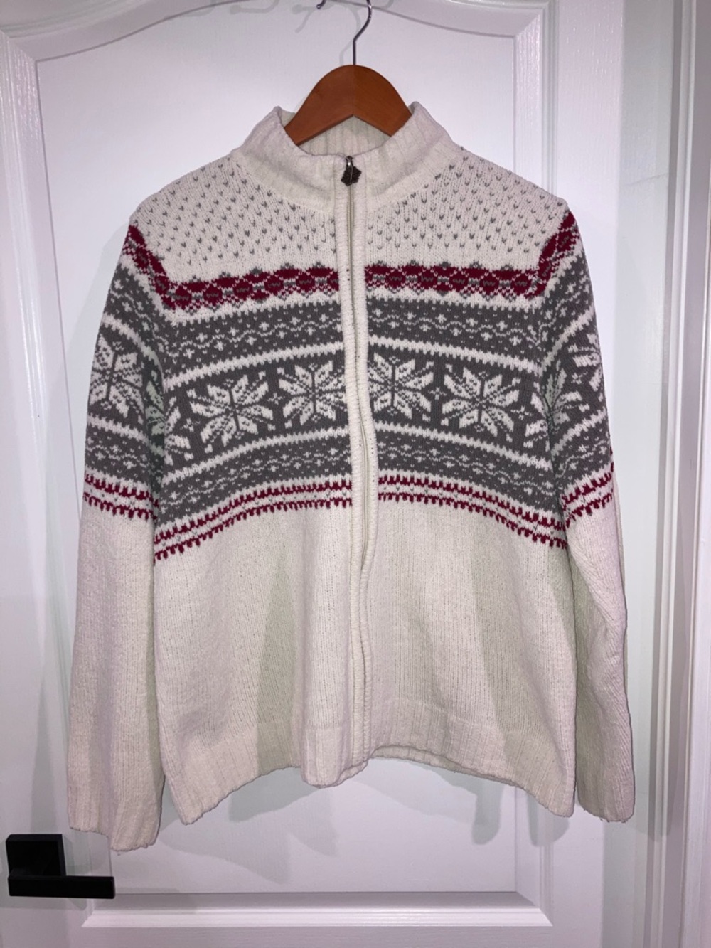 Cream & Grey/Red Chenille Fair Isle Zip Up Sweater Tradition - size XL